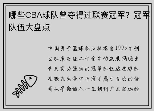 哪些CBA球队曾夺得过联赛冠军？冠军队伍大盘点