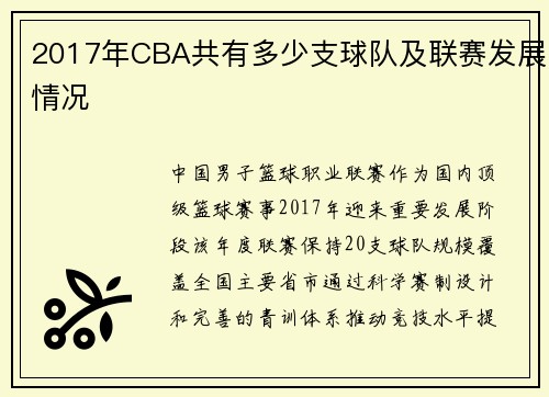 2017年CBA共有多少支球队及联赛发展情况