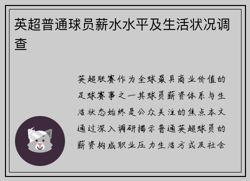 英超普通球员薪水水平及生活状况调查